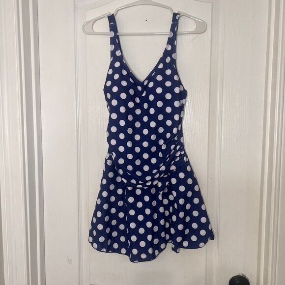 Summer Womens Bikini Sleeveless One-Piece Swimsuit Polka Dots Blue Size Medium - Picture 2 of 7